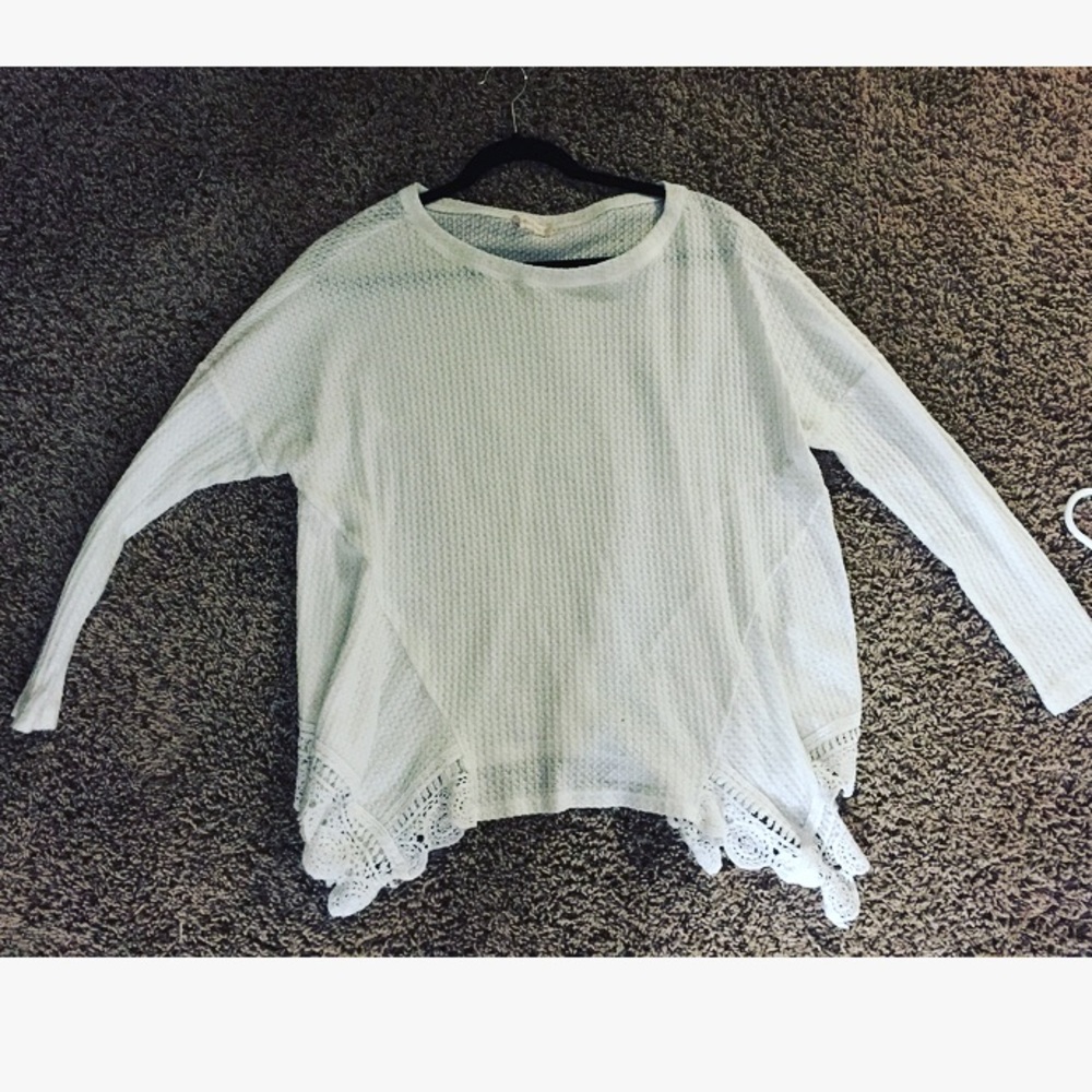 White Waffle Knit Top with Lace Detail